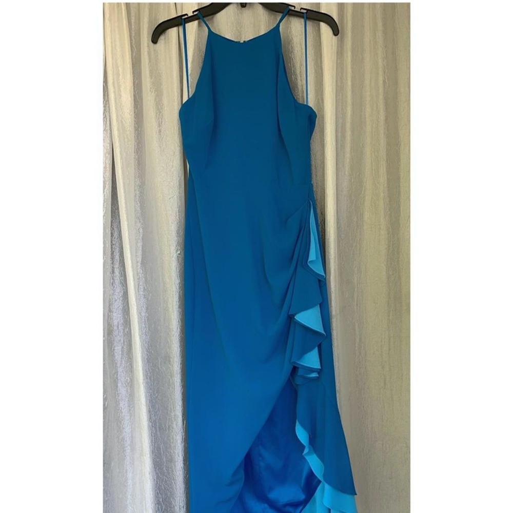 Blue Halter Neck, Sleeveless Silhouette Gown with a Ruffle Side Slit